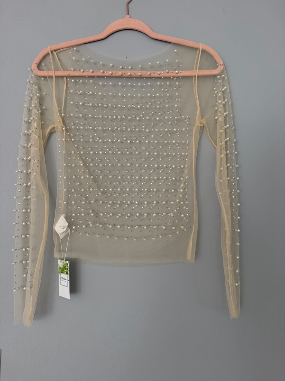 Sheer Pearl-Embellished Long Sleeve Top - Cream